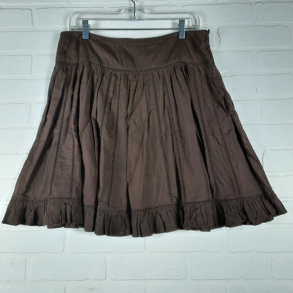 Vintage Nevada Sears Chocolate Brown Lace Ruffle Cotton Skirt Size 10